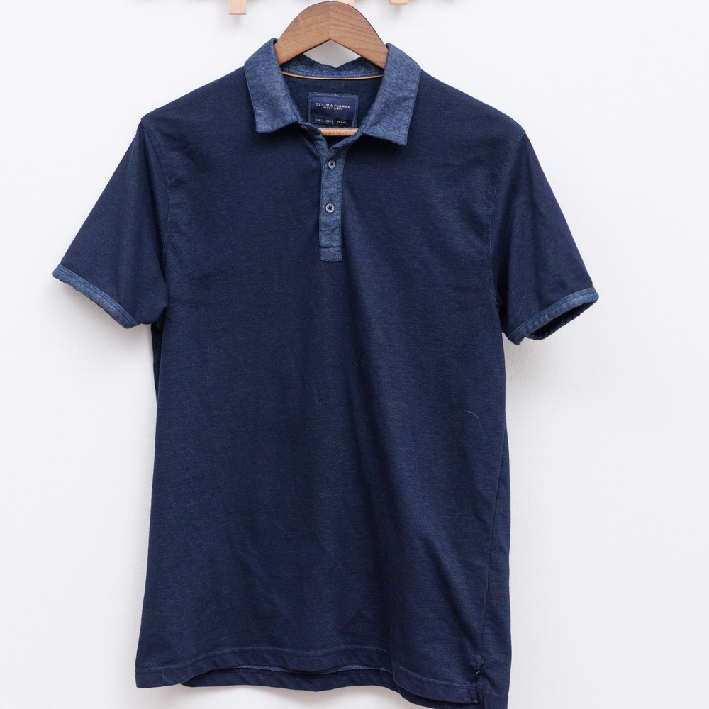 Denim & Flower Ricky Singh Mens Navy Blue Short Sleeve Polo Shirt Large